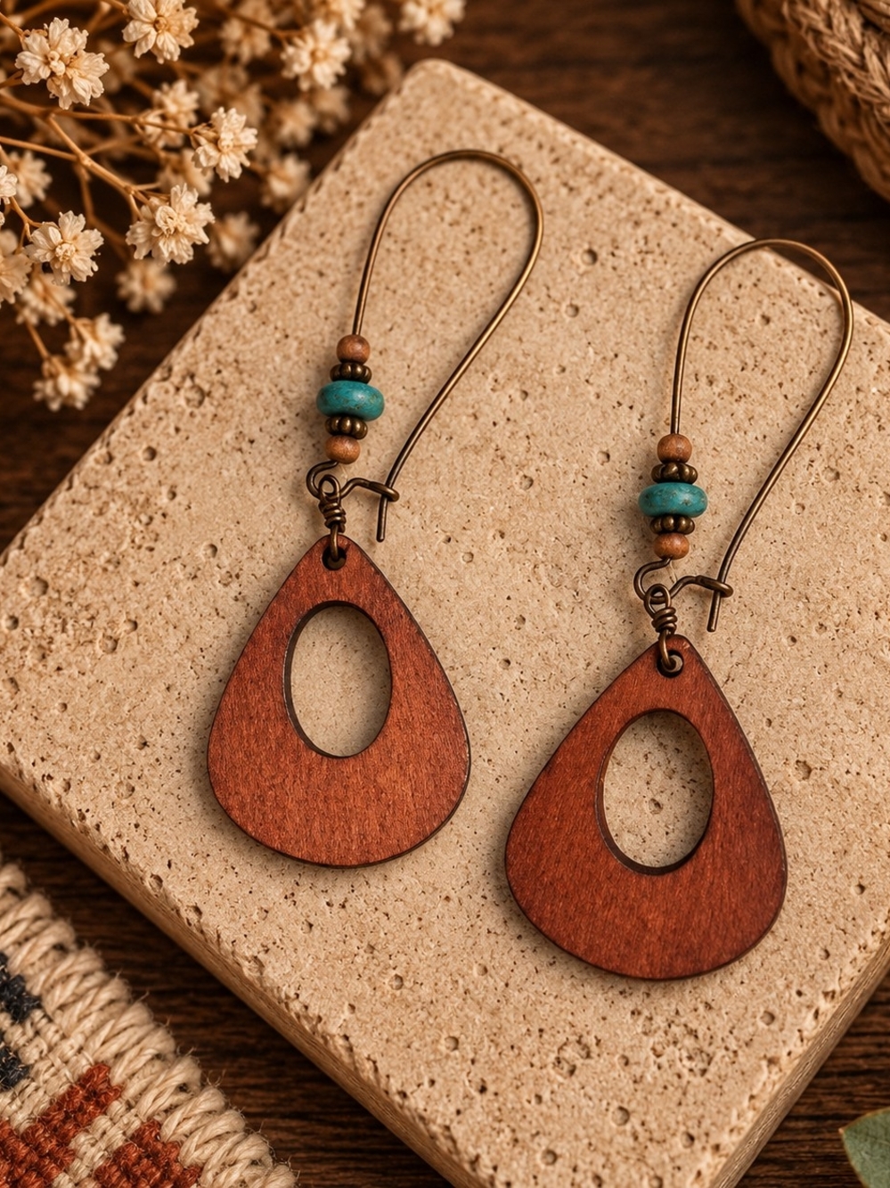 Wood Teardrop Earrings with Turquoise Accent - Brown Boho Western New